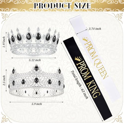 4 Pcs Prom King Queen Crowns Gold, M, Black Diamond | Gold Tiaras with AB Diamond Stones, Sashes Included, Royalty Crowns for Homecoming Birthday Halloween Wedding Party Costume - color: Black Diamond