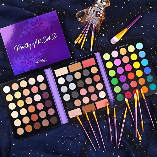 UCANBE 86 Colors Nude Eyeshadow Palette with 15pcs Makeup Brushes Set, Matte Glitter Long Lasting Highly Pigmented Waterproof Colorful Eye Shadow Contour Blush Powder Highlighter All in One - color: Pretty All Set 2