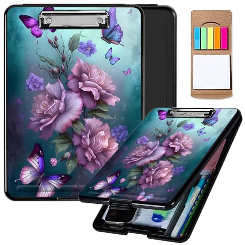 Clipboard with Storage,Plastic Storage Clipboard with Low Profile Clip, Heavy Duty Nursing Clipboards Foldable,Coaches Clipboard Case for Work, Teacher,Office School Supplies,Pink Butterfly Flower - color: Pink Butterfly Flower, size: Clipboard A
