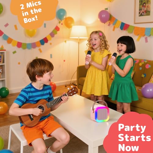 Karaoke Machine for Kids Adults, Mini Karaoke Machine with 2 Wireless Microphones, Portable Bluetooth Speaker with Voice Changing Effects & LED Lights, Best Gifts Toys for Girls and Boys - color: Pink