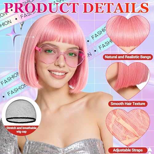 Short Bob Straight Hair Wigs with Bangs, Heat Resistant Fiber Hair, Heart-shaped Glasses for Women (Pink) - color: Pink