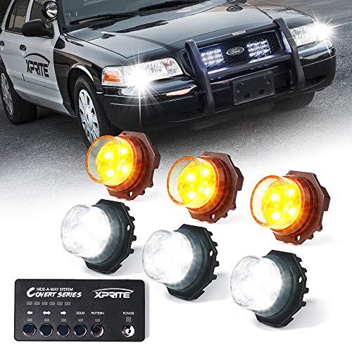 Xprite White Amber LED Hideaway Strobe Lights Kit, 20 Flash Modes w/Control Panel Headlights Taillights Fog Light Interior Mounting for Construction Towing Snow Plow Pickup Work Trucks Cars 6 PCS - color: White Amber, size: 6 pcs