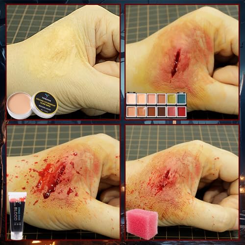 SFX Makeup Kit 12 Color Palette Scar Wax Halloween Cosplay | Spirit Gum, Fake Blood, Activator, Sealer & makeup tools for face body painting, theater, parties and special effects