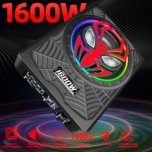 2026 Upgraded 1600W Car Subwoofers, 10" Ultra-Thin Powered Under-Seat Subs with Built-in Amplifier, (LPF/Gain/Bass Boost) RGB Ambient Lights, Independent Bass Knob, High Output Distortion-Free Audio - color: Red MJHS
