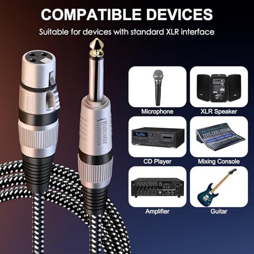 XLR Female to 1/4 Inch TS Cable 30 FT, Nylong Braided XLR 3 Pin Female to 6.35mm TS Male Unbalanced Interconnect Wire Mic Cord for Dynamic Microphone (Pure Copper Conductors) - size: 30FT