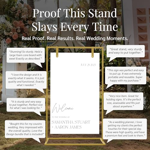 Gold Wedding Welcome Sign Stand with Holder - Elegant Metal Easel Display for Seating Chart, Reception Signs, Welcome Board - 30+ Customizable designs for Baby, Bridal Shower - Versatile Party Sign Holder - color: Gold