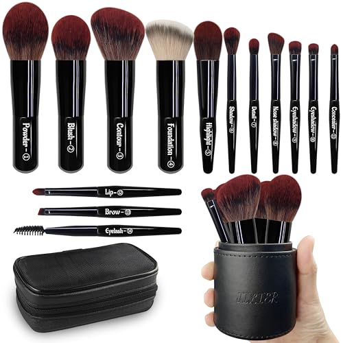 Jilier Travel Makeup Brush Set, 14 pcs Mini Makeup Brushes for Foundation, Powder, Eyeshadow, Highlight, Contour, Blush & Concealer, Small Makeup Brush Set Purse Size with Case (Black) - color: Black
