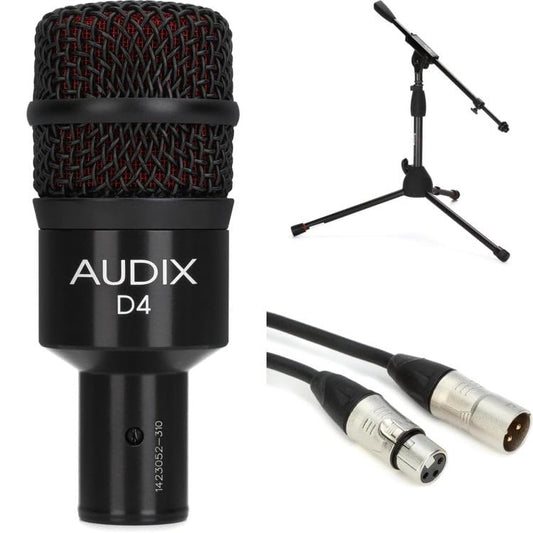 AUDIX D4 Hypercardioid Dynamic Instrument Microphone Bundle – Includes Microphone, Adjustable Stand, and XLR Cable for Drums, Percussion, Bass Cabinets, and Live Sound Applications