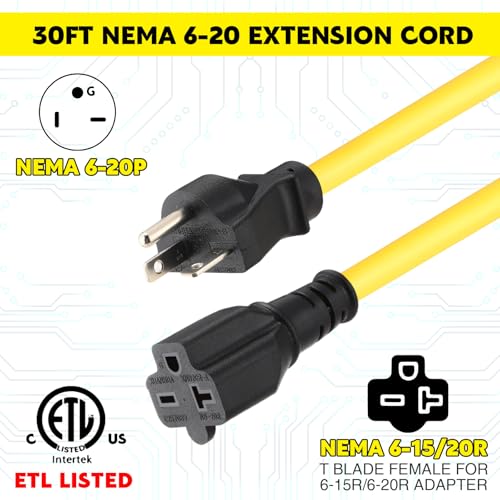 40 ft Nema 6-20 Extension Cord, Nema 6-20p Male Plug to 6-20r/6-15r Female Receptacle, 20 Amp T-Blade Outlet Extension Power Cord with Waterproof Sockets, Heavy Duty 12/3 Awg, 250v, 5000w - size: 40 ft