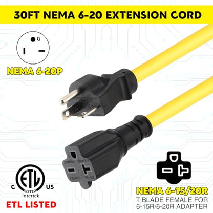 40 ft Nema 6-20 Extension Cord, Nema 6-20p Male Plug to 6-20r/6-15r Female Receptacle, 20 Amp T-Blade Outlet Extension Power Cord with Waterproof Sockets, Heavy Duty 12/3 Awg, 250v, 5000w - size: 40 ft