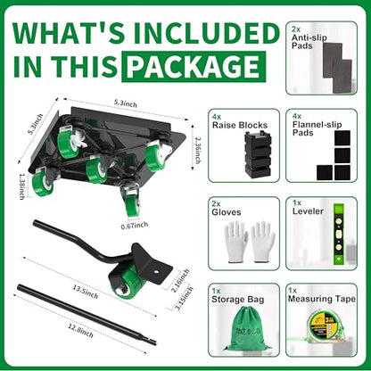 Heavy Duty Furniture Dolly 360 Rotate 5 Wheels 3000 Lbs Capacity 5.3x5.3 in | Furniture Movers with Green Wheels, Measure Tape & Leveler, Alloy Steel Furniture Lifter Tool for Smooth Home & Office Uses - color: Green, size: 5.3x5.3 IN