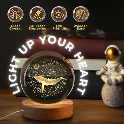Flexzion 3D Whale Crystal Ball Night Light - LED Light Hologram Glass Lamp with Solid Wood Base, USB Powered Crystal Ball Lamp with Adjustable Brightness for Home Decor Display Gift, 2.4inch(60mm) | Whale Lamp with Solid Beech Wood Base and Adjustable Bri