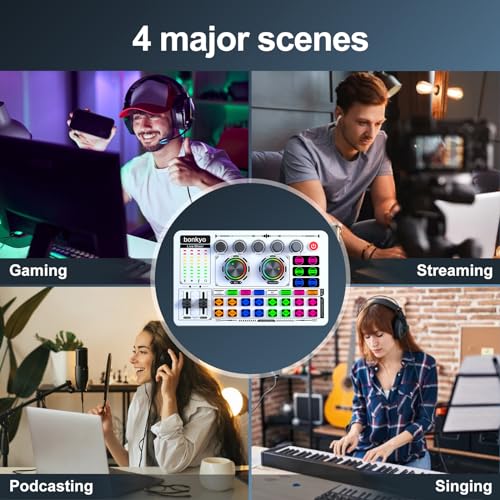 F999 White Live Streaming Sound Card, Professional Audio Mixer, Voice Changer Soundboard with Audio Interface, Bluetooth, Noise Reduction, DJ Mixer Board for Live/Podcasting/Gaming - color: White