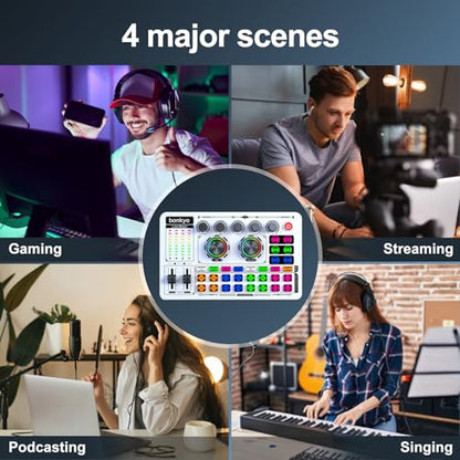 F999 White Live Streaming Sound Card, Professional Audio Mixer, Voice Changer Soundboard with Audio Interface, Bluetooth, Noise Reduction, DJ Mixer Board for Live/Podcasting/Gaming - color: White