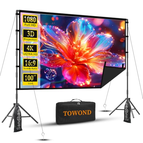 100 Inch Projector Screen with Stand, Extra-Stable Large Iron Base TOWOND | Compact black-backed screen improves front-projection contrast; 25mm tripod packs for gaming, classrooms and patios.