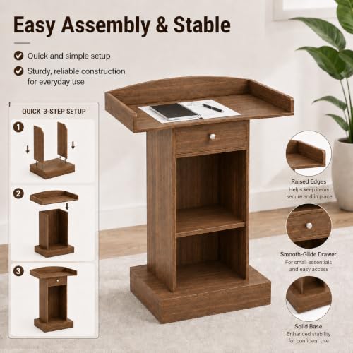Teacher Podium Stand Lectern Wooden Drawer Lectern Podium 42in Height Wooden Storage Drawer Brown for Classroom Office Reception School Seminar Floor Standing(Brown)