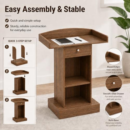 Teacher Podium Stand Lectern Wooden Drawer Lectern Podium 42in Height Wooden Storage Drawer Brown for Classroom Office Reception School Seminar Floor Standing(Brown)