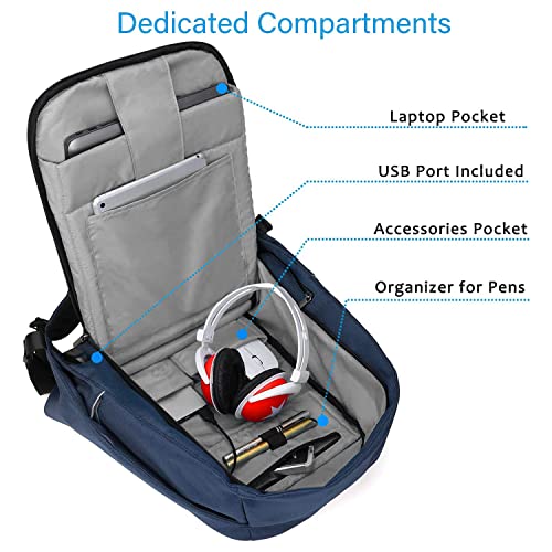 oscaurt Anti Theft Backpack 15.6 Inch Laptop Travel Backpack with Hidden Zipper and USB Charging Port Waterproof Business Computer Bag for Men & Women - color: Blue