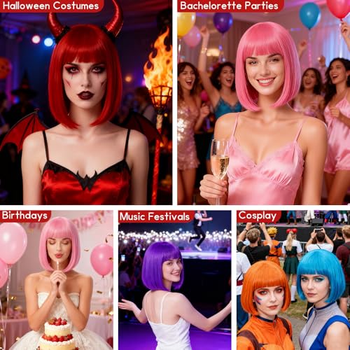 2 Pack Red Bob Wig with Bangs Heart Sunglasses for Women, Neon Bobs Funny Party Wigs Synthetic Hair for Adults Halloween Cosplay Costume Clubs Celebration Christmas Bachelorette Party - color: Red