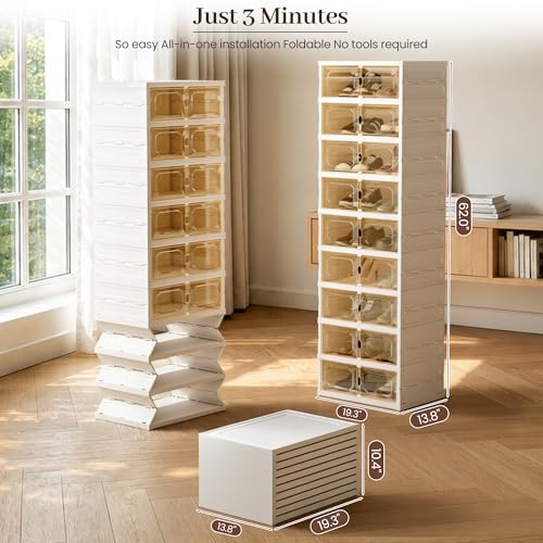 Foldable Shoe Rack Set of 2, 9 Tier Collapsible Shoe Rack with Magnetic Doors, Large Capacity Clear Display Cabinet with Wheels for 18 Pairs, Apartment Entryway - size: 9 Layers-C