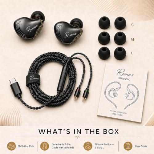 Rosmas SM10 Pro USB C Wired IEM Earbuds with Mic, Detachable 2-Pin Cable, 4BA+1DD Hybrid in-Ear Headphones, Secure Over-Ear Fit for Phone, Tablet and PC,Black - color: Black