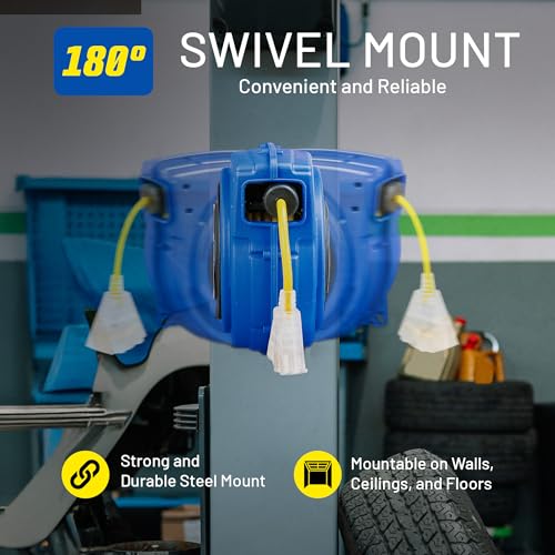 Goodyear Extension Cord Reel Retractable 16AWG x 50' Foot 3C/SJTOW Commercial Cable LED Triple Tap Connector Power 10A 125VAC 938W | 3C/SJTOW Commercial Cable LED Triple Tap Connector Power 10A 125VAC 938W