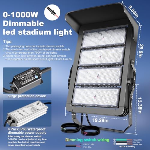 0-150000LM Led Stadium Lights Outdoor Dimmable 0-1000w | Commercial Super Bright Led Arena Floodlight 100-277v 5000k Yoke Mount IP66 Pole Light for Outside Large Area, Sportcourt - size: Extra Large/1000/Dimmable