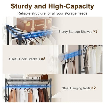 Whitmor 3 Tier Rolling Garment Rack, Heavy Duty Adjustable Metal Clothing Rack with Side Hooks, Double Rods & 360° Lockable Wheels, Max 600LBS for Hanging Clothes, 35.4" L x 16" W x 77" H, Black