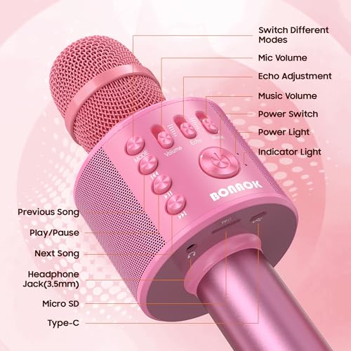 BONAOK Wireless Bluetooth Karaoke Microphone, 3-in-1 Portable Handheld Mic Speaker Machine with Built-in Non-Detachable Battery, for All Smartphones, Gifts to Girls, Boys Kids Adults All Age - color: Pink