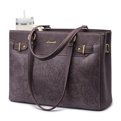 LOVEVOOK Laptop Tote Bag for Women Work, Teacher Tote Bag with Large Cup Holder, Waterproof Leather Computer Bag - color: Purple-print, size: 17.3 inch