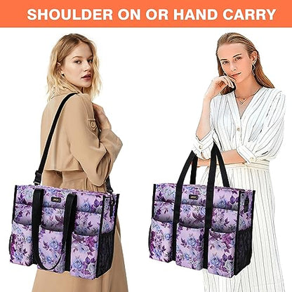 IBFUN Utility Tote Bag with 24 Pockets, Large Teacher Travel Tote for Women - color: B8-l-pruple Flower, size: Large