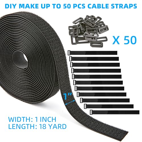 1" x 18Yard Reusable Cable Straps with 50 Plastic Buckles - Adjustable Cut-to-Length Nylon Hook and Loop roll for Organizing and Storage - color: Buckles(50pcs)&Ties 1 Inch-18yd