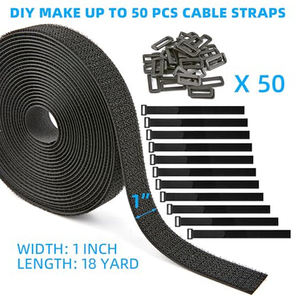 1" x 18Yard Reusable Cable Straps with 50 Plastic Buckles - Adjustable Cut-to-Length Nylon Hook and Loop roll for Organizing and Storage - color: Buckles(50pcs)&Ties 1 Inch-18yd