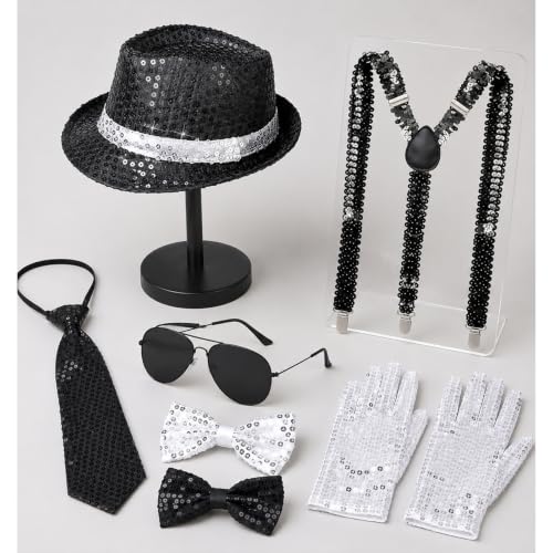 7PCS Pop Star Costume 70s 80s Disco Rock Super Star Dance Cosplay Accessories - Gloves Hat Sunglasses Tie Sequin Strap - color: Black