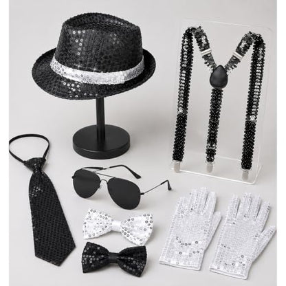 7PCS Pop Star Costume 70s 80s Disco Rock Super Star Dance Cosplay Accessories - Gloves Hat Sunglasses Tie Sequin Strap - color: Black