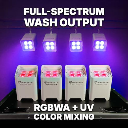 Rockville Wet PAR WC Package Black 18W RGBWA+UV Par Wash Lights, Wireless Charging Case, IP65 Water-Resistant, App-Controlled, for DJ Events and Venues (6 Lights) | 10-12 Hour Battery, IP65 Waterproof, RGBWA+UV, Wireless DMX, App Control, 6 IR Remotes, Tr