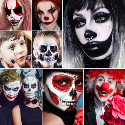 Scary Clown Makeup Face & Body Paint Kit Professional Black White Red SFX Cream Bodypaint with 5 Brushes Sponge Applicators & Clown Nose Facepainting Set for Kids Adult Halloween Joker Vampire Zombie - color: Black White Red 10 PCS