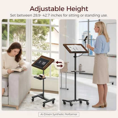 MAHANCRIS Podium Stand with Microphone Stand, Mobile Lectern and Laptop Desk with Storage Tray, 28.9-42.7 Inch Adjustable Height Portable Podium for Classroom, Conference Room, Walnut LPHR4001 - color: Walnut