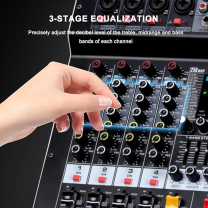 BOMGE 4-Channel Audio Interface Mixer with 256 DSP, Bluetooth 48V Phantom Power, 2x350W Amplifier (4 Ohm) for Studio Recording, DJ Mixing, Karaoke, Concert Party & Streaming