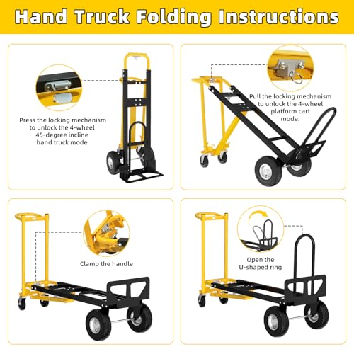 4 in 1 Convertible Hand Truck Dolly, 1000Lbs Capacity, Heavy Duty Folding Hand Truck Dolly Cart with Wheels 10" All-Terrain Tires, Hand Trucks for Logistics, Home, Office, School, Yellow - color: Yellow