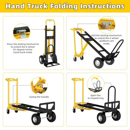 4 in 1 Convertible Hand Truck Dolly, 1000Lbs Capacity, Heavy Duty Folding Hand Truck Dolly Cart with Wheels 10" All-Terrain Tires, Hand Trucks for Logistics, Home, Office, School, Yellow - color: Yellow