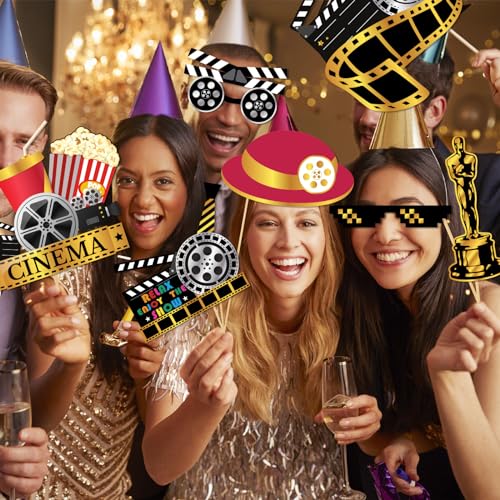 32Pcs Hollywood Photo Booth Props Kit, Movie Night Theater Red Carpet Cutouts Launch Oscars Cards Table Toppers Birthday Party Favors Supplies Large Size