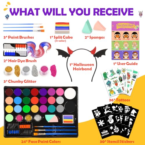 Face Painting Kit for Kids, 24 Colors Water Based Non-Toxic Face Paint with Stencils & Brushes, Professional Body Makeup Set for Halloween, Birthday, Parties with Guide Book Art and Craft Art Supplies