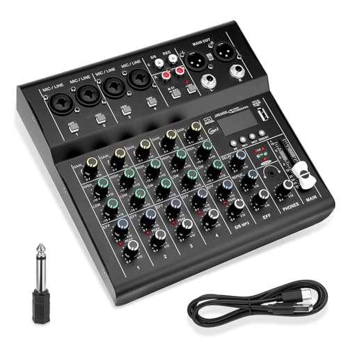 6-Channel Audio Mixer for Beginners, Easy Setup DJ Mixer with Bluetooth, USB/MP3 Sound Card, DSP Effects & 48V Phantom Power, Compact Mixing Console for Karaoke, Podcast & Streaming