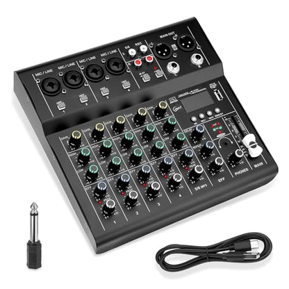 6-Channel Audio Mixer for Beginners, Easy Setup DJ Mixer with Bluetooth, USB/MP3 Sound Card, DSP Effects & 48V Phantom Power, Compact Mixing Console for Karaoke, Podcast & Streaming