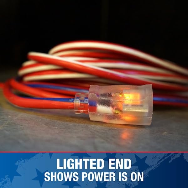 Southwire Heavy Duty Extension Cord, 50Ft, 12 Gauge, 3 Conductor, Outdoor Cord, Lighted End, SJTW, Red/White/Blue, 2548SWUSA1 - size: 50 ft