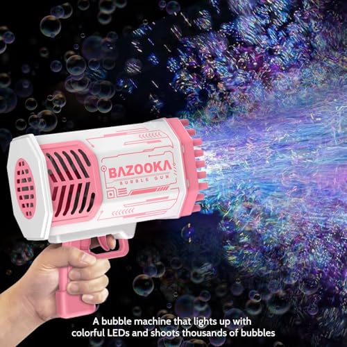 Deserthome Bubble Gun, Pink Bazooka Bubble Machine with Bubble Solution | 69-Hole Light-Up Bazooka Bubble gun Blaster, Produces Massive Bubbles, Outdoor Summer Toy for Kids, Ideal Party Favors - color: Pink