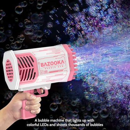 Deserthome Bubble Gun, Pink Bazooka Bubble Machine with Bubble Solution | 69-Hole Light-Up Bazooka Bubble gun Blaster, Produces Massive Bubbles, Outdoor Summer Toy for Kids, Ideal Party Favors - color: Pink