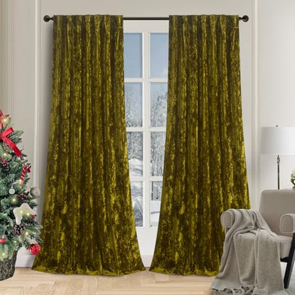 Lux Moss Green Crushed Velvet Curtains 2 Panel Set - 84 inches Long Room Darkening Luxury Distressed Velvet Rod Pocket Window Drapes for Living Room Bedroom 52" W x 108" L - color: Moss Green, size: 52"W x 108"L (Pack of 2)