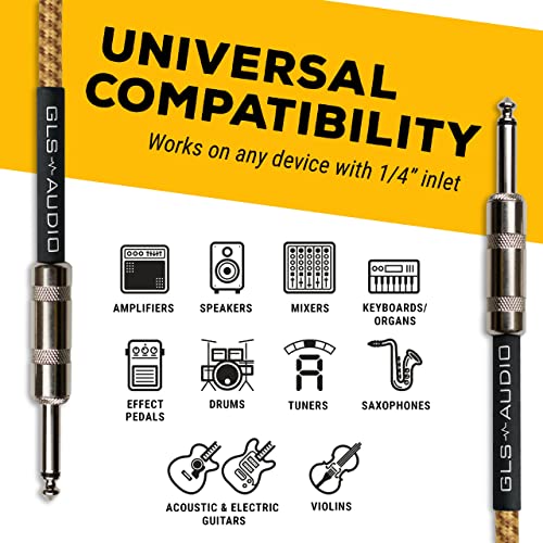 GLS Audio Instrument Cable - 1/4 Inch TS to 1/4 Inch Instrument Cable for Bass/Electric Guitar- Brown/Yellow Braided Tweed, 15ft - color: Brown/Yellow, size: 15ft